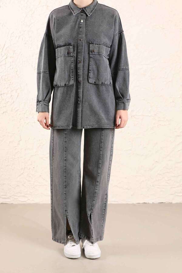 Büyük Cepli Kot Ceket Antrasit - 7