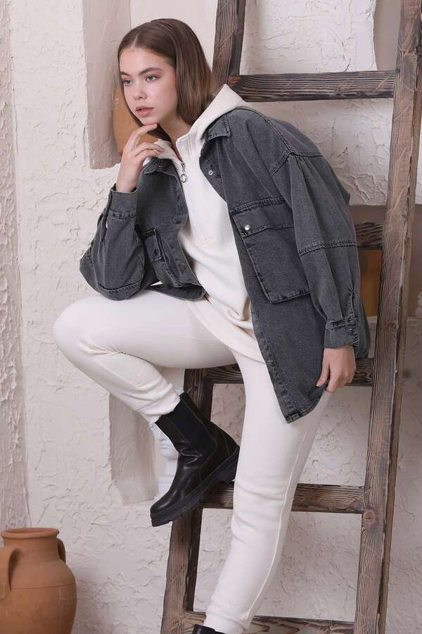 Büyük Cepli Kot Ceket Antrasit - 4