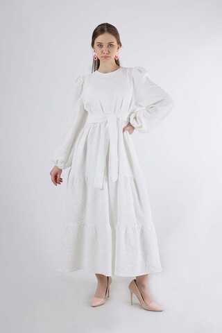 Büzgü Detaylı Elbise Ekru - 1