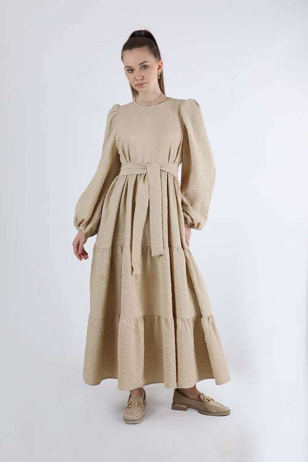 Büzgü Detaylı Elbise Koyu Bej - 1