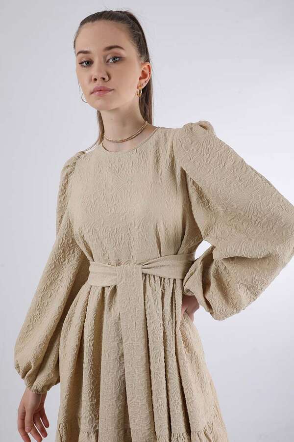 Büzgü Detaylı Elbise Koyu Bej - 2