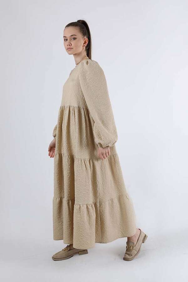 Büzgü Detaylı Elbise Koyu Bej - 3