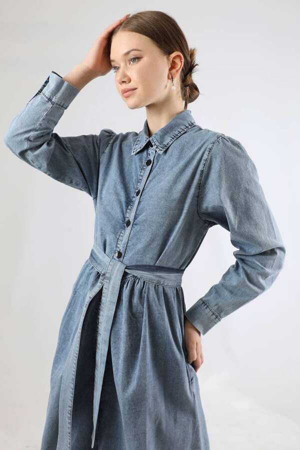 Büzgü Detaylı Kot Elbise Açık Mavi - 2