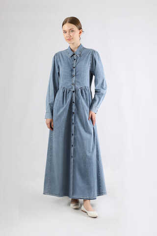 Büzgü Detaylı Kot Elbise Açık Mavi - 3