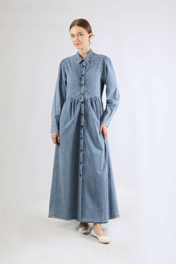 Büzgü Detaylı Kot Elbise Açık Mavi - 3