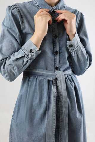 Büzgü Detaylı Kot Elbise Açık Mavi - 4