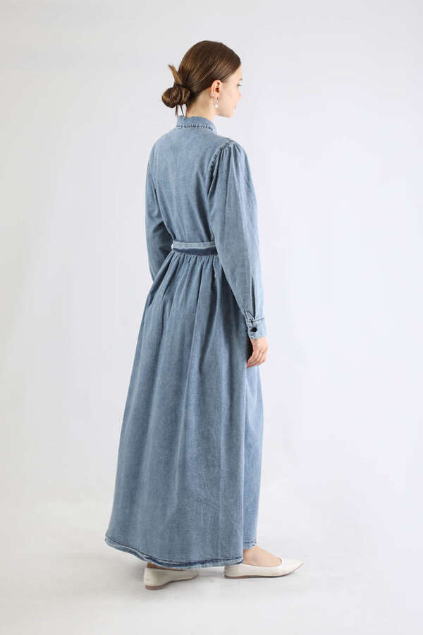 Büzgü Detaylı Kot Elbise Açık Mavi - 5