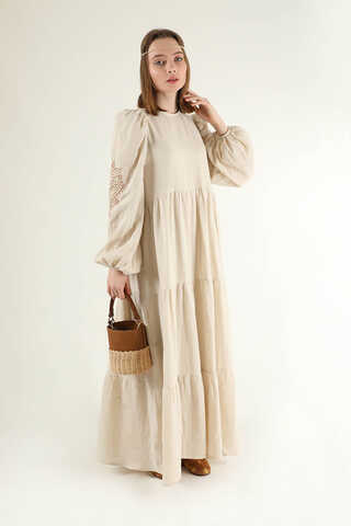 Büzgü Detaylı Kuşaklı Elbise Taş - 1