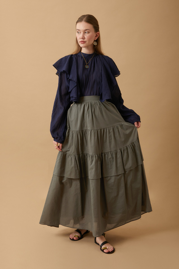 Büzgü Parça Detaylı Etek Haki - 12