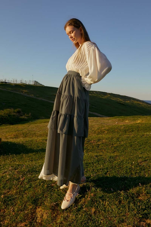 Büzgü Parça Detaylı Etek Haki - 5