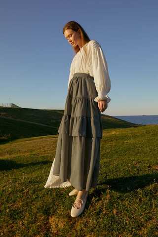 Büzgü Parça Detaylı Etek Haki - 7