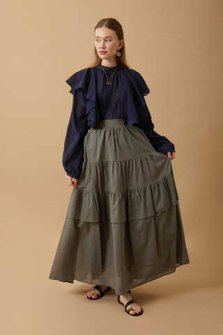 Büzgü Parça Detaylı Etek Haki - 12