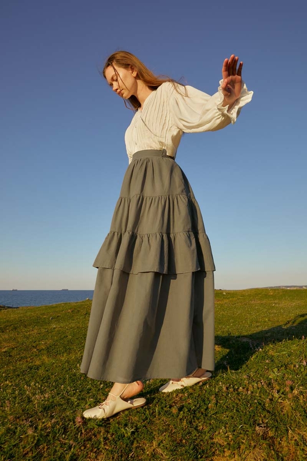 Büzgü Parça Detaylı Etek Haki - 6