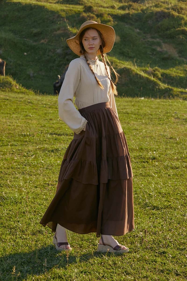 Büzgü Parça Detaylı Etek Kahverengi - 11