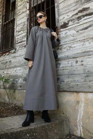 Büzgü Yaka Elbise Antrasit - 3