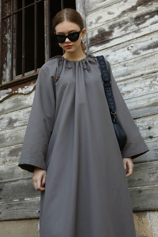 Büzgü Yaka Elbise Antrasit - 4