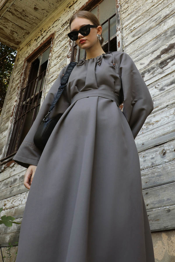 Büzgü Yaka Elbise Antrasit - 7