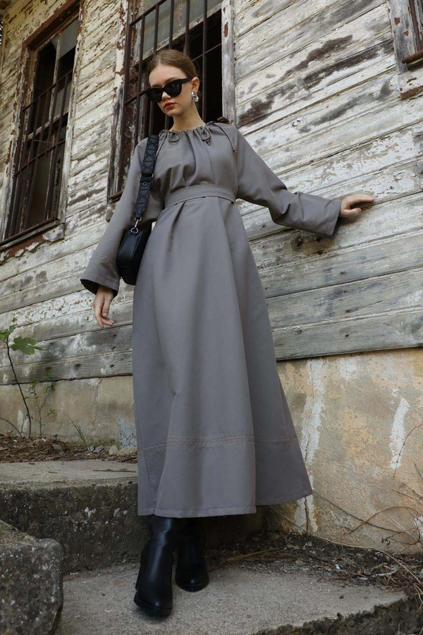 Büzgü Yaka Elbise Antrasit - 8