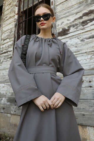 Büzgü Yaka Elbise Antrasit - 10