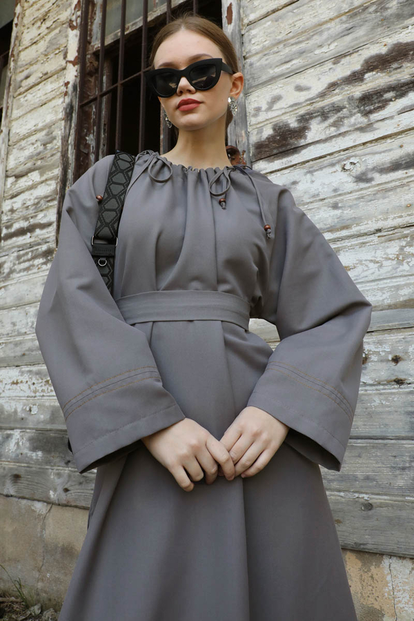 Büzgü Yaka Elbise Antrasit - 10