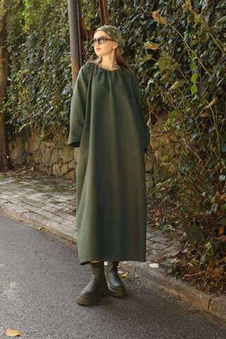 Büzgü Yaka Elbise Haki - 3