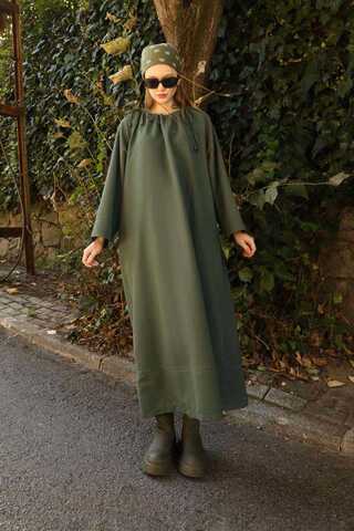 Büzgü Yaka Elbise Haki - 4