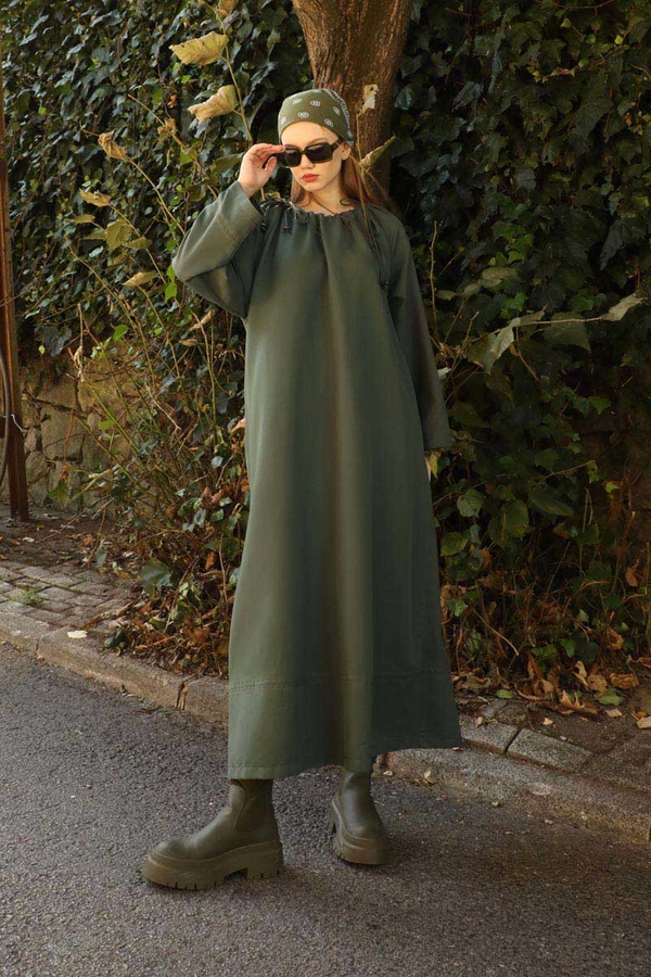 Büzgü Yaka Elbise Haki - 6