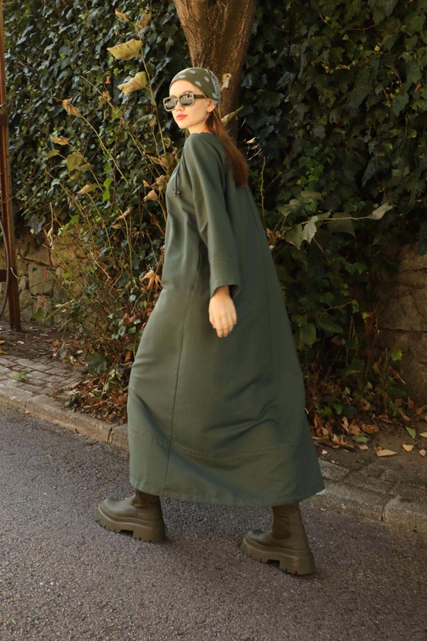 Büzgü Yaka Elbise Haki - 7