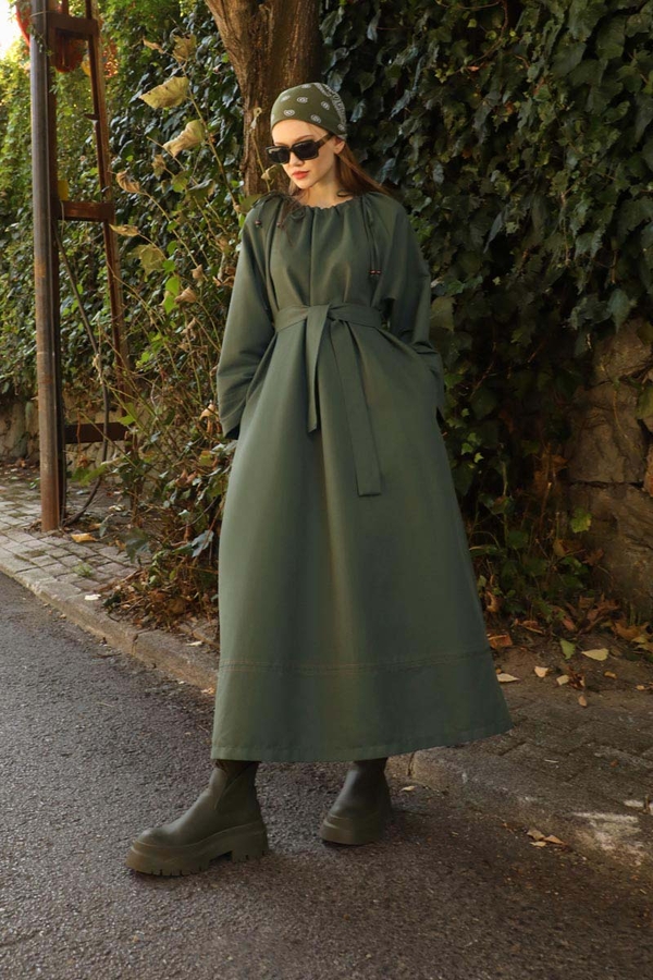 Büzgü Yaka Elbise Haki - 8