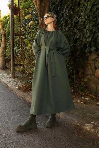 Büzgü Yaka Elbise Haki - 9