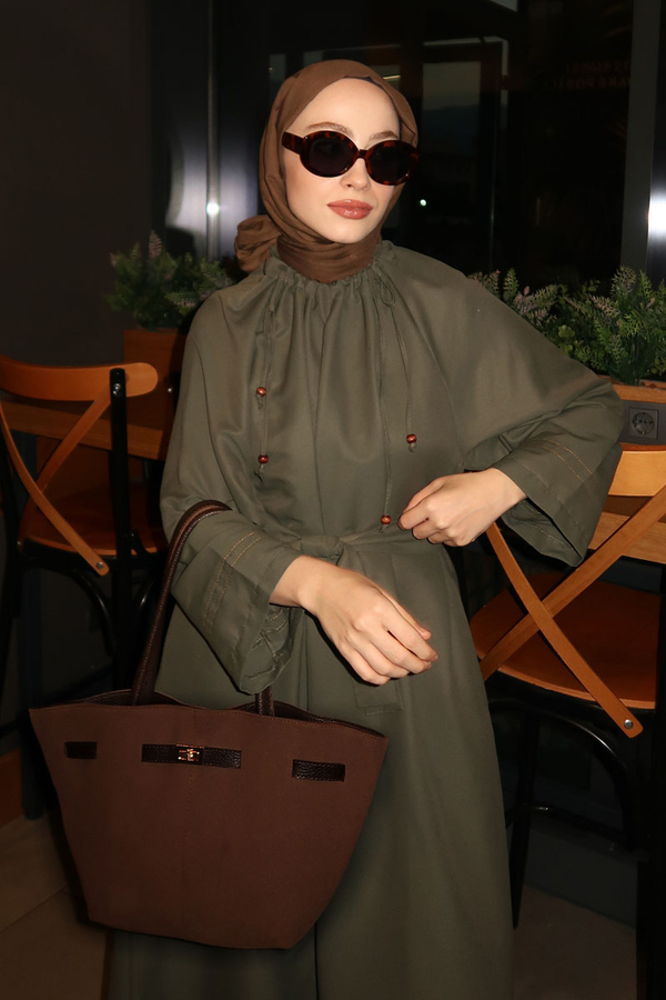 Büzgü Yaka Elbise Haki - 2