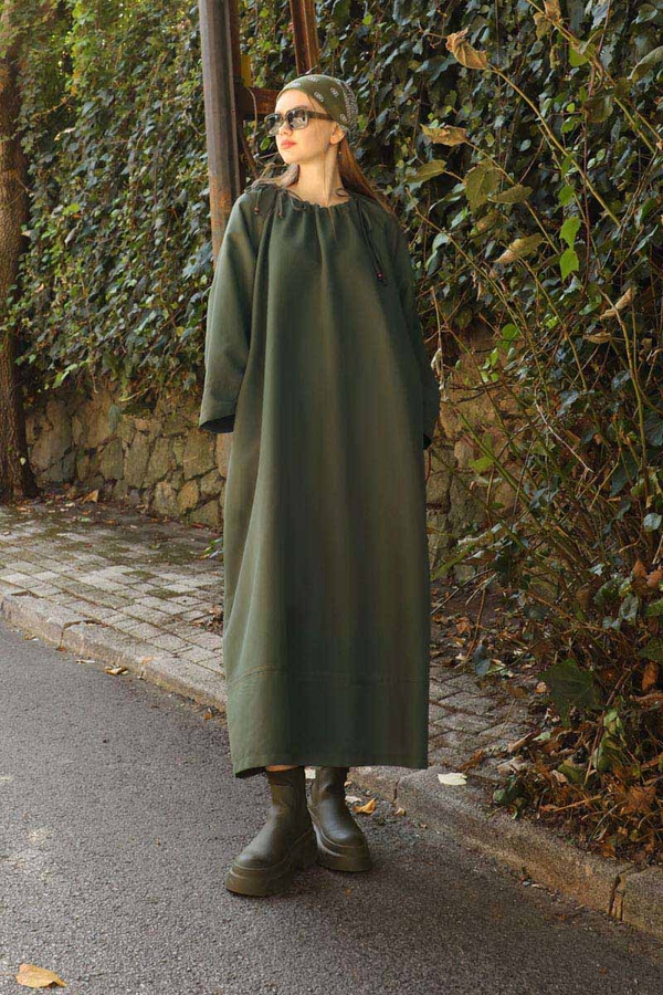 Büzgü Yaka Elbise Haki - 3