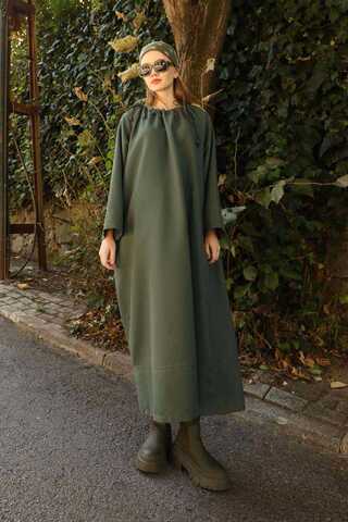 Büzgü Yaka Elbise Haki - 5