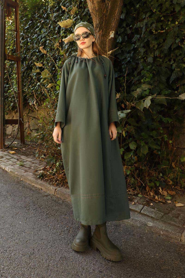 Büzgü Yaka Elbise Haki - 5