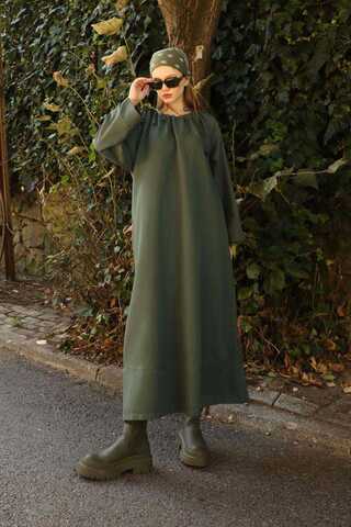 Büzgü Yaka Elbise Haki - 6