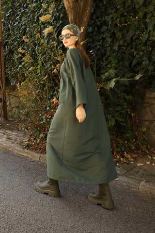 Büzgü Yaka Elbise Haki - 7