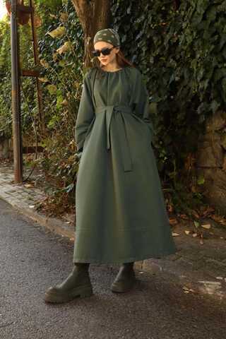 Büzgü Yaka Elbise Haki - 8