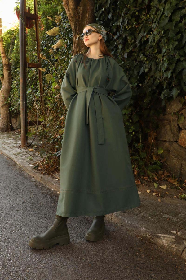 Büzgü Yaka Elbise Haki - 9