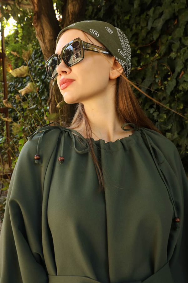 Büzgü Yaka Elbise Haki - 11