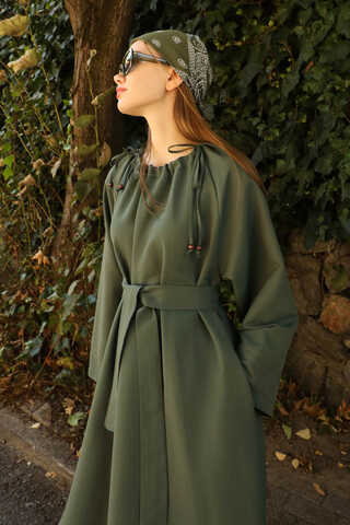Büzgü Yaka Elbise Haki - 12