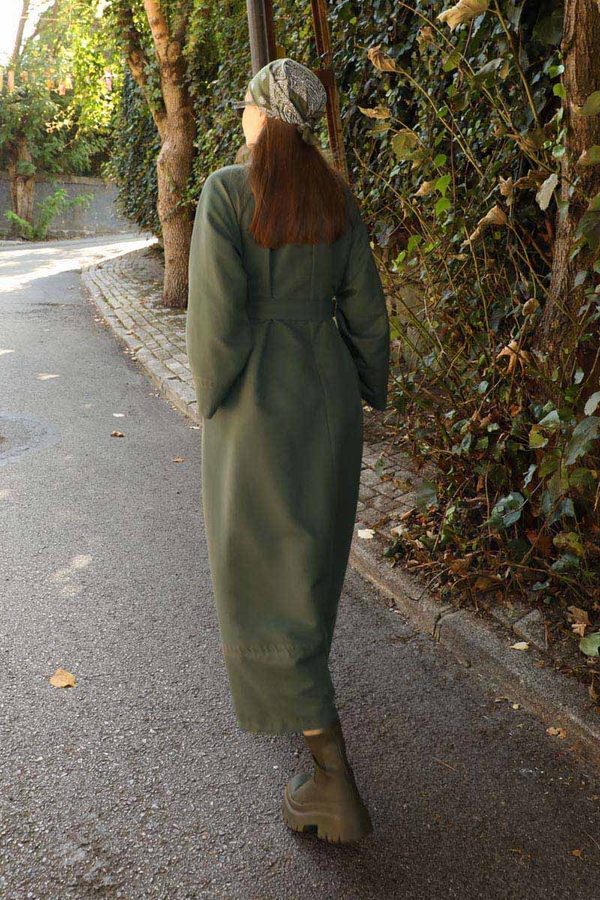 Büzgü Yaka Elbise Haki - 13