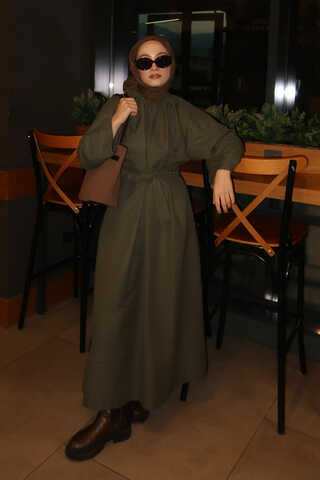 Büzgü Yaka Elbise Haki - 1