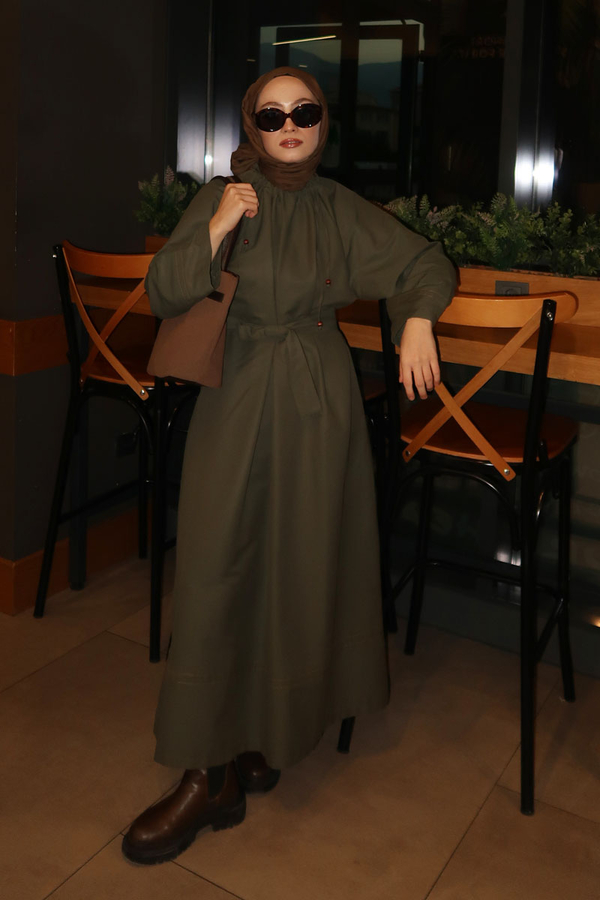 Büzgü Yaka Elbise Haki - 1