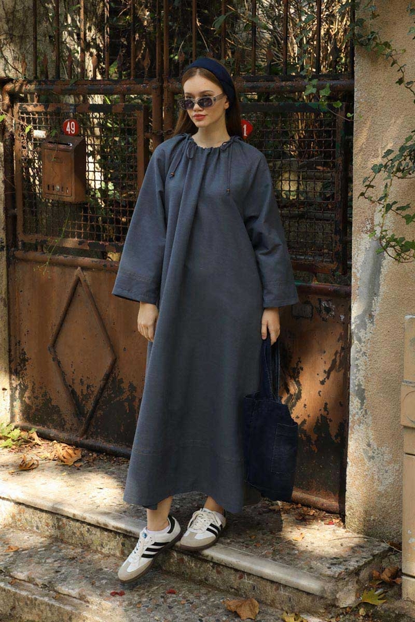 Büzgü Yaka Elbise Koyu Mavi - 2