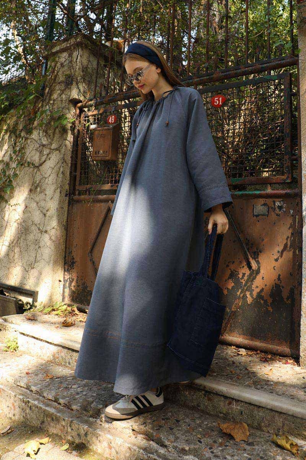 Büzgü Yaka Elbise Koyu Mavi - 3