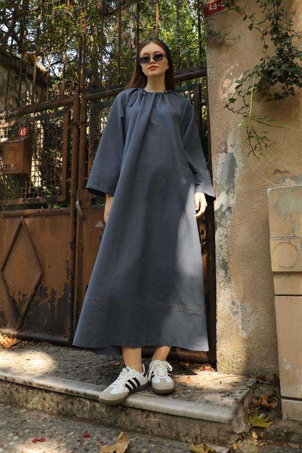 Büzgü Yaka Elbise Koyu Mavi - 4