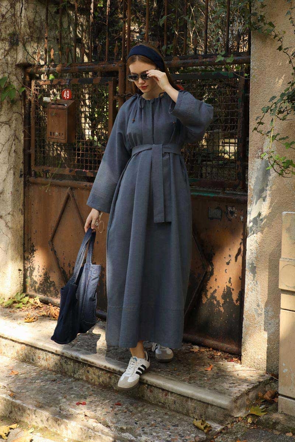 Büzgü Yaka Elbise Koyu Mavi - 1