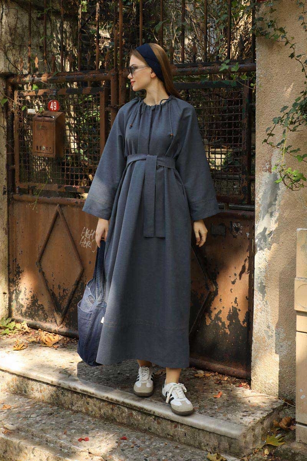 Büzgü Yaka Elbise Koyu Mavi - 6