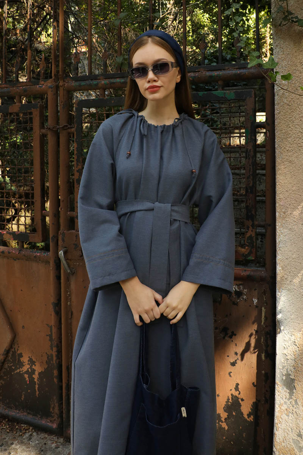 Büzgü Yaka Elbise Koyu Mavi - 7