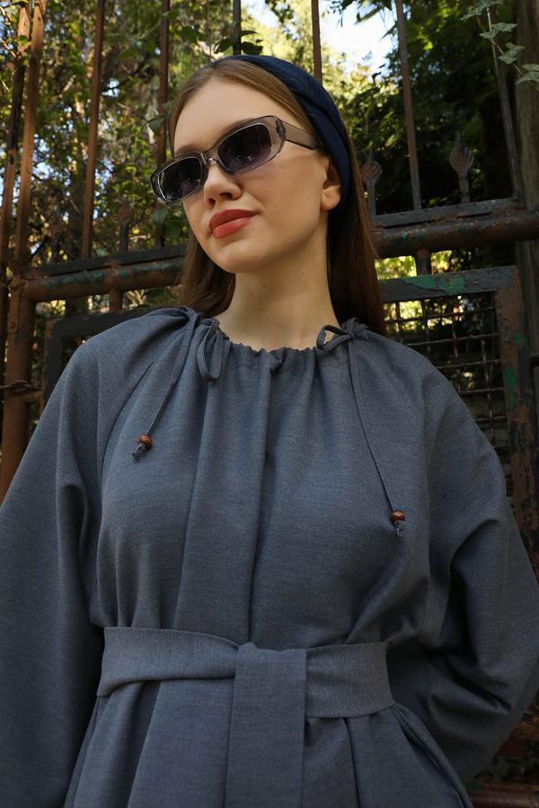 Büzgü Yaka Elbise Koyu Mavi - 8